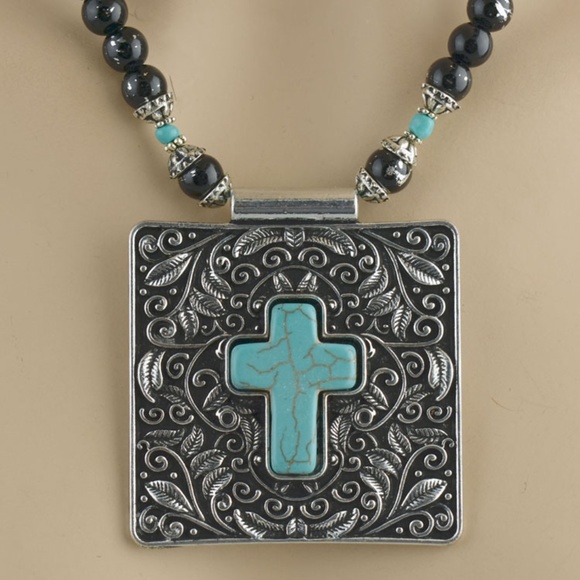 Square Designer Turquoise Cross Necklace Set - Picture 4 of 4
